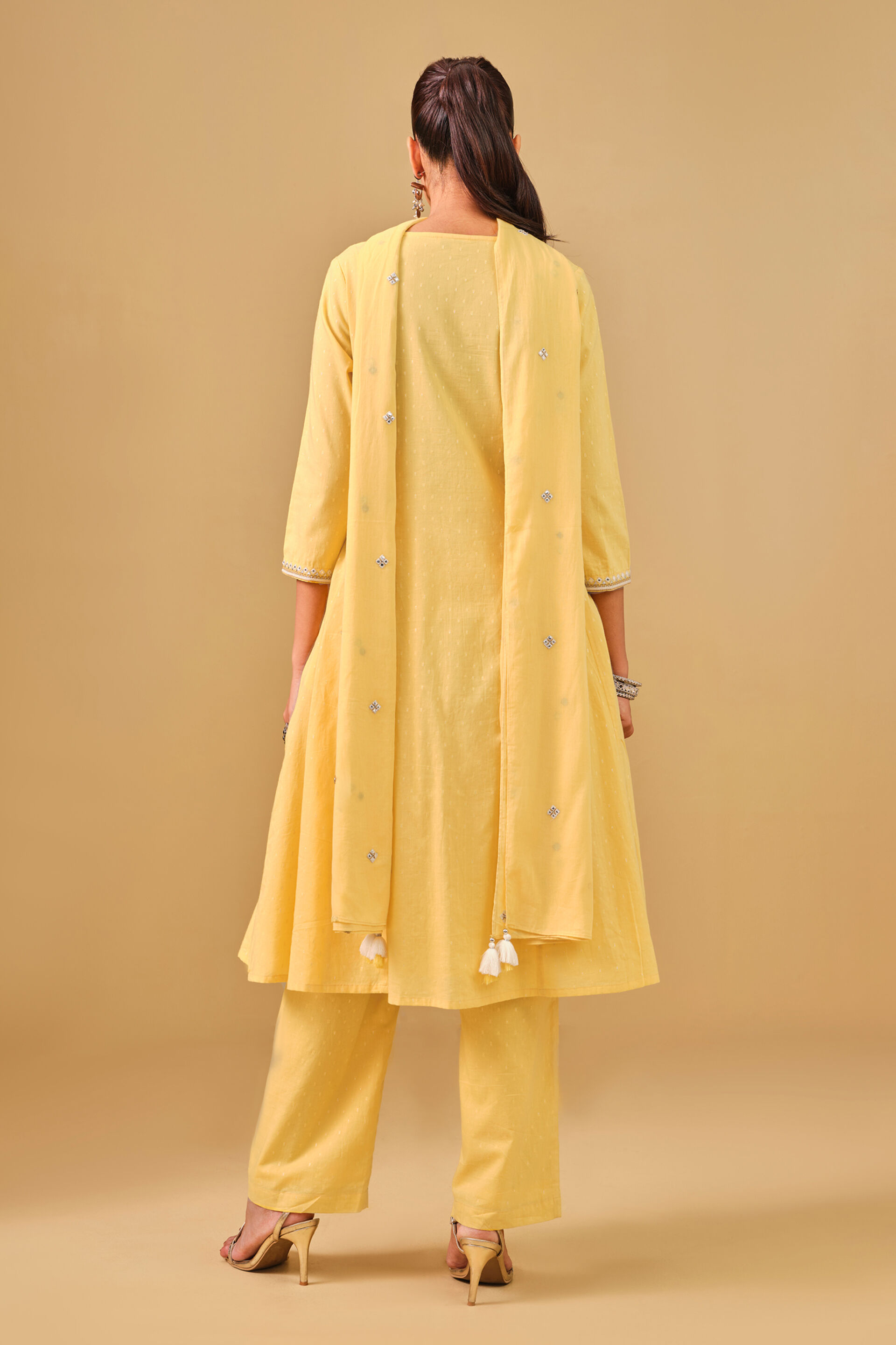Yellow Mirror Embroidered Cotton Kurta Set, Yellow, image 4